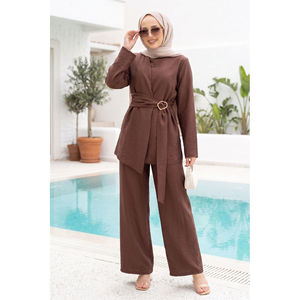 Coffee Brown Crepe and <b>Linen</b> Two-Piece Set Large/XL <b>Top</b> and Pants with Waist Accessory Detail for Summer and Autumn Outfits - Product Image 1