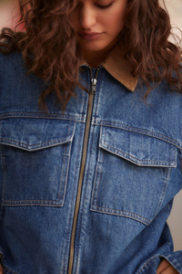 Women Denim Trucker Jacket With Corduroy Collar <b>Zipper</b> Front Full Sleeve Short Length Autumn Style - Product Image 5