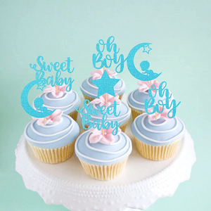 Baby Shower Cupcake Toppers para niño 24 Pack Blue Glitter Moon y Star Picks para niños Cumpleaños y dulces celebraciones de bebés - Product Image 5