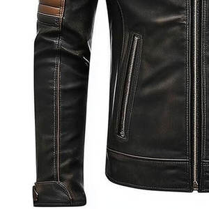 เสื้อแจ็คเก็ตผู้ชายแฟชั่นฤดูใบไม้ร่วงฤดูหนาวสไตล์วินเทจ หนัง PU สีพื้น ซิป ปรับขนาดได้ คอตั้ง สไตล์ลำลอง โลโก้ด้านหน้า กันน้ำ - Product Image 4