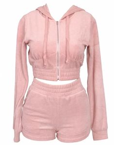 Conjunto de sudadera con hombros descubiertos y estampado de alta calidad, Top corto de manga larga para mujer, conjunto de pantalones cortos con capucha y cremallera delgada - Product Image 1