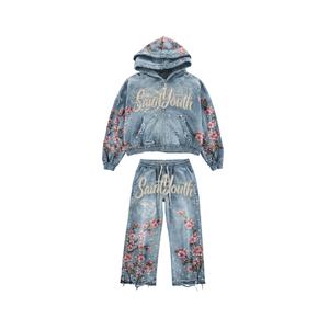 Manufacturers Custom Cropped Distressed Zip Up Sweatsuit <b>Rhinestone</b> Streetwear Tracksuit Baggy Flared Sweatpants And Hoodie Sets - Product Image 2