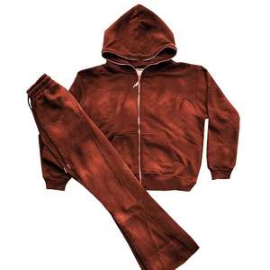 Survêtement 100% coton délavé à l'acide, pantalon à 6 poches superposé et sweat à capuche zippé, impression en relief, survêtement d'hiver surdimensionné pour homme - Product Image 1