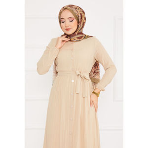 Robe beige jacquard boutonnée longueur genou, manches élastiquées, décoration diamant, taille XS, taille naturelle, légère, automne - Product Image 2