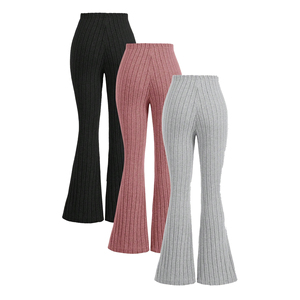 High Waist Knitted Flare <b>Pants</b> Solid Color Women's Casual Autumn Full Length Elastic Waist Ribbed Design Black Pink Gray - Product Image 5