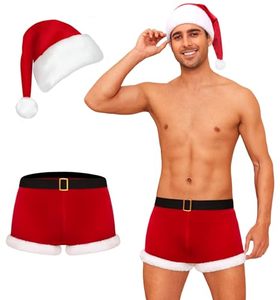 Nouvel ensemble de <span class=keywords><strong>costume</strong></span> de scène pour <span class=keywords><strong>homme</strong></span> avec chapeau court, caleçon boxer rouge et blanc <span class=keywords><strong>sexy</strong></span> et bonnet de Père Noël, idéal pour les fêtes et le cosplay - Product Image 1
