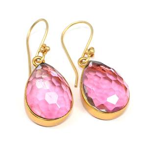 ต่างหูเงินแท้ 925 ชุบทองวินเทจ ประดับพลอยทัวร์มาลีนสีชมพูทรงหยดน้ำ ฝังแบบ Bezel Setting งานแฮนด์เมด ของขวัญ - Product Image 2