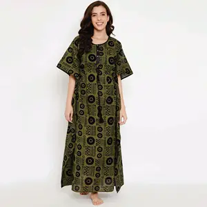 Comfort Fabricage Fit 100% Katoenen Trekkoord Taille Halve Mouwen Mehndi Dot Batik Handblok Kaftan