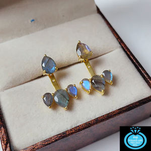 Pendientes de Labradorita Natural con Forma de Pera |   Pendientes de Botón con Piedra de Nacimiento Chapados en Oro para Mujer - Product Image 2