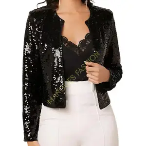 Blusa feminina de lantejoulas com glitter, casaco curto feminino slim fit frontal aberto, casaco para uso externo em preto