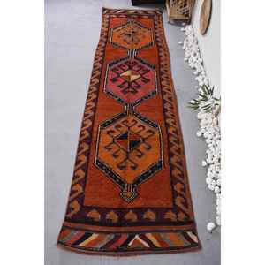 Tapis Kilim Turc Vintage Orange et Rouge avec Motif Rectangle Classique Laine Viscose Matériau Latex Support pour Chambre à Coucher - Product Image 1