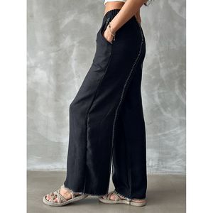 Embroidered <b>Linen</b> Straight Leg Wholesale <b>Trousers</b> - <b>GREY</b> - Product Image 4