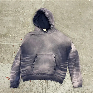 Custom Luxury Distressed Hoodies French Terry Acid Wash Heavyweight Boxy <b>Cropped</b> <b>Zip</b> <b>Up</b> Rhinestone Hoodies Men OEM - Product Image 5