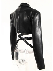Otoño 2025 moda mujer PU cuero abrigo corto ajustado Cruz encaje cintura manga larga chaqueta solapa cuello sólido fino XL para primavera - Product Image 4
