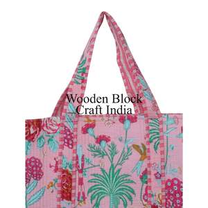 Hand Block Printed Bohemian Indian Handmade Cotton Shopping Tote <b>Bag</b> for Women with Shoulder <b>Strap</b> From Rajasthan - Product Image 2