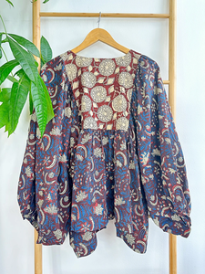 Blusa bohemia de algodón puro Top Terroso Floral Cómodo Ropa de día Longitud corta Indian Bagru Block Print Gasa informal de alta calidad - Product Image 3