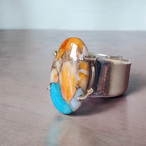 แหวนเงินสเตอร์ลิง925ทำด้วยมือพลอยเทอร์ควอยซ์ทองแดงหอยนางรมที่สวยงามสำหรับสตรีฝังขอบทรงวงรี - Product Image 5