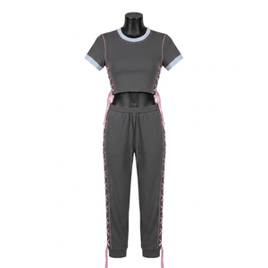 High quality 230 GSM poly spandex <b>red</b> panel stripe <b>crop</b> <b>top</b> pant set sublimation logo slim fit Women's Sets - Product Image 2