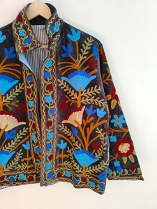 Chaqueta de Terciopelo con Bordado Floral Bohemio, Cuello Mandarín, Manga Larga, Ropa Exterior Informal para Otoño, Tallas Grandes para Adultos - Product Image 3