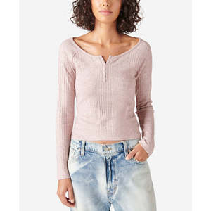 Maglia Casual da Donna Lucky Brand in Maglia a Costine con Stampa e Bottoni Decorativi, Modello Cloud Henley, Disponibile in Rosa XX-Large per Autunno ed Estate - Product Image 1