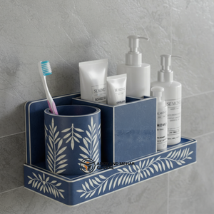 Organizador de Baño de Pared con Incrustaciones de Hueso Azul de Lujo, Estante de Almacenamiento con Diseño Floral - Product Image 1
