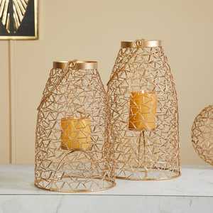 Portavelas de linterna de latón AK Con linterna de Metal de Color dorado para decoración del hogar y la boda Linterna con pequeños triángulos de alambre - Product Image 2