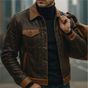 Veste en cuir pour homme, col montant, logo sur le devant, vêtement d'extérieur décontracté d'hiver, surface respirante et lisse, design contemporain - Product Image 3