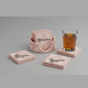 Proveedor Indio Ofrece Juego de Posavasos de Lujo Cuadrados de 3 mm de Grosor con Incrustaciones de Hueso Rosa y Blanco Hechos a Mano con Soporte y Diseño Floral - Product Image 1