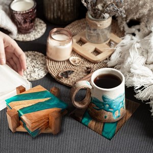 Premium Handmade Wooden and Resin <b>Coaster</b> Set, Elegant Joint Material Drink <b>Table</b> <b>Coasters</b>, Durable Stone <b>Coasters</b> - Product Image 1