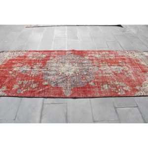 Turkish Vintage Rug, 3.8x10.7 ft <b>Runner</b> Rug, <b>Red</b> Check Rug - Product Image 3