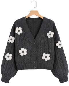 Menufecture Customized Women Dark Grey <b>Cable</b> <b>Knit</b> <b>Cardigan</b> Sweater White Flower Applique V Neck Button Front Cute Winter Fashion - Product Image 1