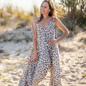 Eco-Friendly Vintage Satin <b>Jumpsuit</b> with V-Neck High Waist Spaghetti Strap for Women-Beach Wear - Product Image 1