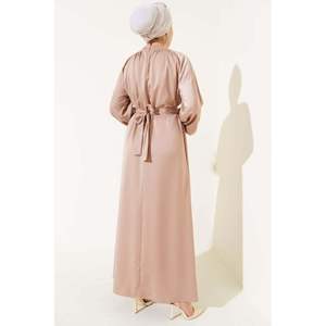 Robe De Soirée Ceinturée En Satin À Manches Ballon Beige - Product Image 2