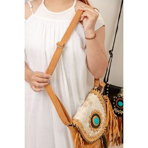 Nuevo estilo occidental Hair On Hide Fur Suede Leather Fringe Bag Bolso de hombro de cuero bohemio de alta calidad para mujer con piedra turquesa - Product Image 3