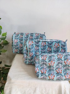 Estampado de bloques Vintage de algodón ecológico azul verde azulado para estuche con cierre de cremallera bolsa de cosméticos impermeable de gran capacidad - Product Image 4