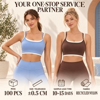 Soutien-gorge de yoga personnalisé écologique blanc à bordure bleue, double bretelle, 77 % polyester recyclé, 23 % élasthanne, Sunlit Bistro Patio