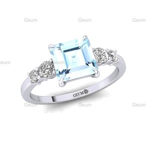 Solid 18k oro giallo anello solitario pavimentato <span class=keywords><strong>gioielli</strong></span> <span class=keywords><strong>con</strong></span> diamante taglio principessa naturale <span class=keywords><strong>acquamarina</strong></span> gemma e 0.32 reale cts diamanti - Product Image 5