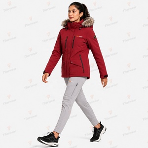 Tiierwear Women's Red Quilted Winter <b>Ski</b> <b>Jacket</b> <b>Fur</b> <b>Hood</b> Waterproof Breathable Windproof Polyester Wadding Full Sleeve Regular - Product Image 3