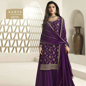 "Ensemble sophistiqué de Chinon Gharara avec Jari Dori Stich Work, Palazzo prêt à l'emploi et intérieur en soie crêpe" - Product Image 1