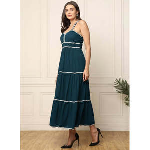 DEEBACO Women's Solid Teal Rayon Tiered <b>Dress</b> Sweet Heart Neck Sleeveless Fit and Flare Maxi Length Party Casual Western Wear - Product Image 3
