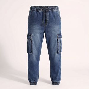 Pantalones Cargo de Mezclilla Azul para Hombre, Cintura Elástica, Corte Jogger, Bolsillos Laterales, Estilo Casual, Lavado, Color Sólido, Verano-Otoño, Lavables - Product Image 1