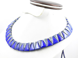 Collier Tringle en Lapis Lazuli bleu blanc fait à la main perlé les deux côtés polis avec perle d'eau douce pour les fêtes - Product Image 6