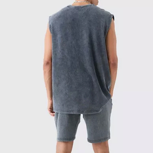 Ensemble débardeur et short personnalisé à ourlet brut lavé à l'acide avec tissu en coton de qualité supérieure Ensembles de shorts vierges pour hommes - Product Image 4