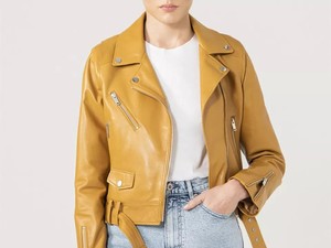 Blouson de motard en cuir véritable jaune pour femme, ceinturé à la taille, avec fermeture éclair asymétrique et revers, en peau de mouton, manteau de moto personnalisé couleur moutarde - Product Image 6