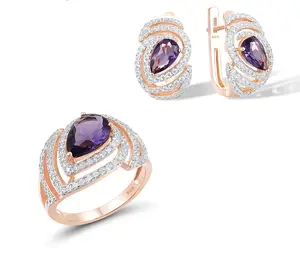 Pêra Forma Roxo Vidro 925 Sterling Silver com rosa chapeamento Jóias conjunto com Cubic Zirconia S316754PGZSQ925