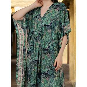 Women's Green Paisley Silk <b>Kaftan</b> Swimsuit Cover-Up #1623 - Product Image 6