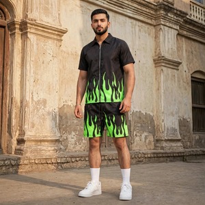 DRIFTWEAR Men's Neon Green <b>Flame</b> Print Relaxed Fit Short Sleeve <b>Shirt</b> Shorts Set Streetwear Summer Outfit Quick Dry Elastic - Product Image 1