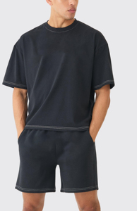 OEM/ODM oversized two pcs <b>t</b>-<b>shirt</b> & short set solid <b>black</b> colour comfortable plus size custom printed logo men's jogging set - Product Image 4