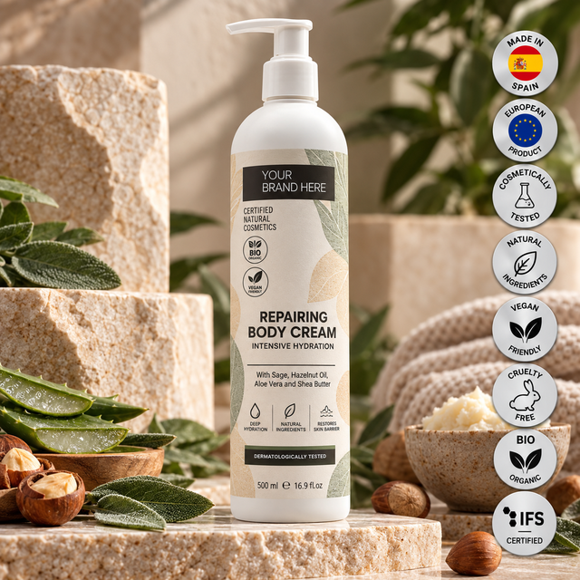 Private Label Repairing Body Cream 400ml OEM | Hydrating Nourishing Dry Skin Cream | Organic Vegan | Made in Spain EU