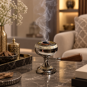 Brûleur à Bakhoor de Luxe en Acier Inoxydable avec Bordure Effet Marbre et Poignée en Bois, Design Arabe Estival - Product Image 4